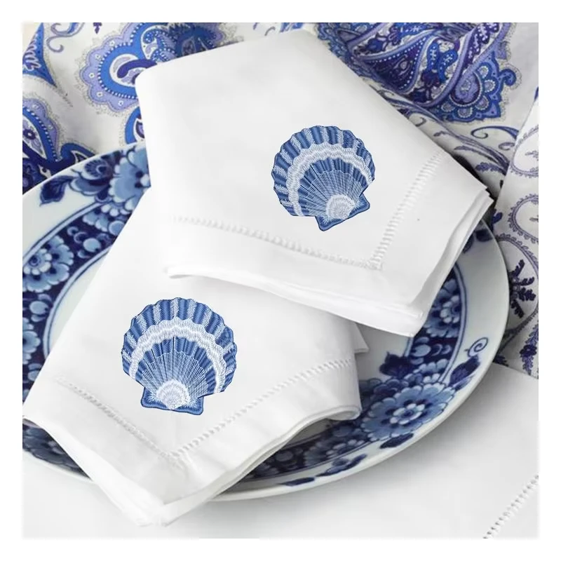Wholesale Wedding Banquet Event Cocktail Coaster Embroidered Customized Logo Cotton Luxe Feel Linen White Cloth Napkin