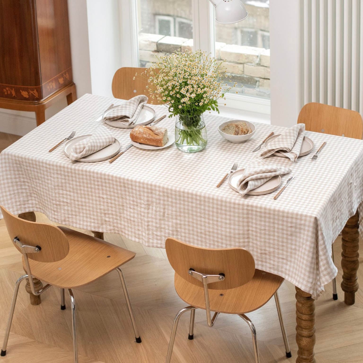 French vintage check pure linen tablecloth custom