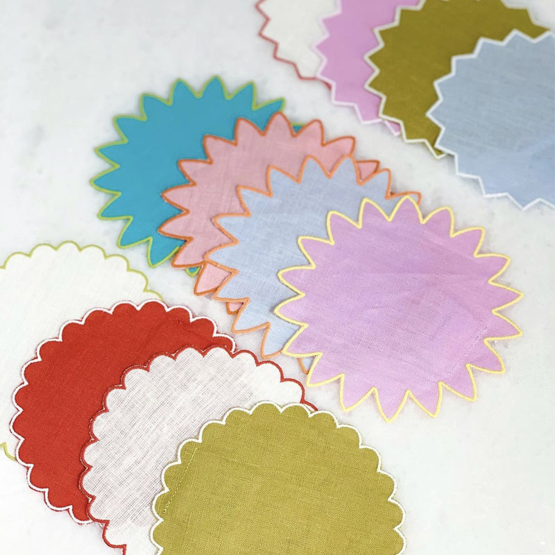 100% White Linen Flax Wedding Banquet Table Scallop Napkin Embroidery Edging For Restaurant