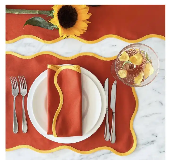 Scallop Hand Embroidery Borders Custom 100% Flax Linen Dinner Napkins and place mat