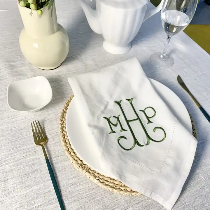 White Cloth  Embroidered Hemstitch Linen Napkins for Wedding