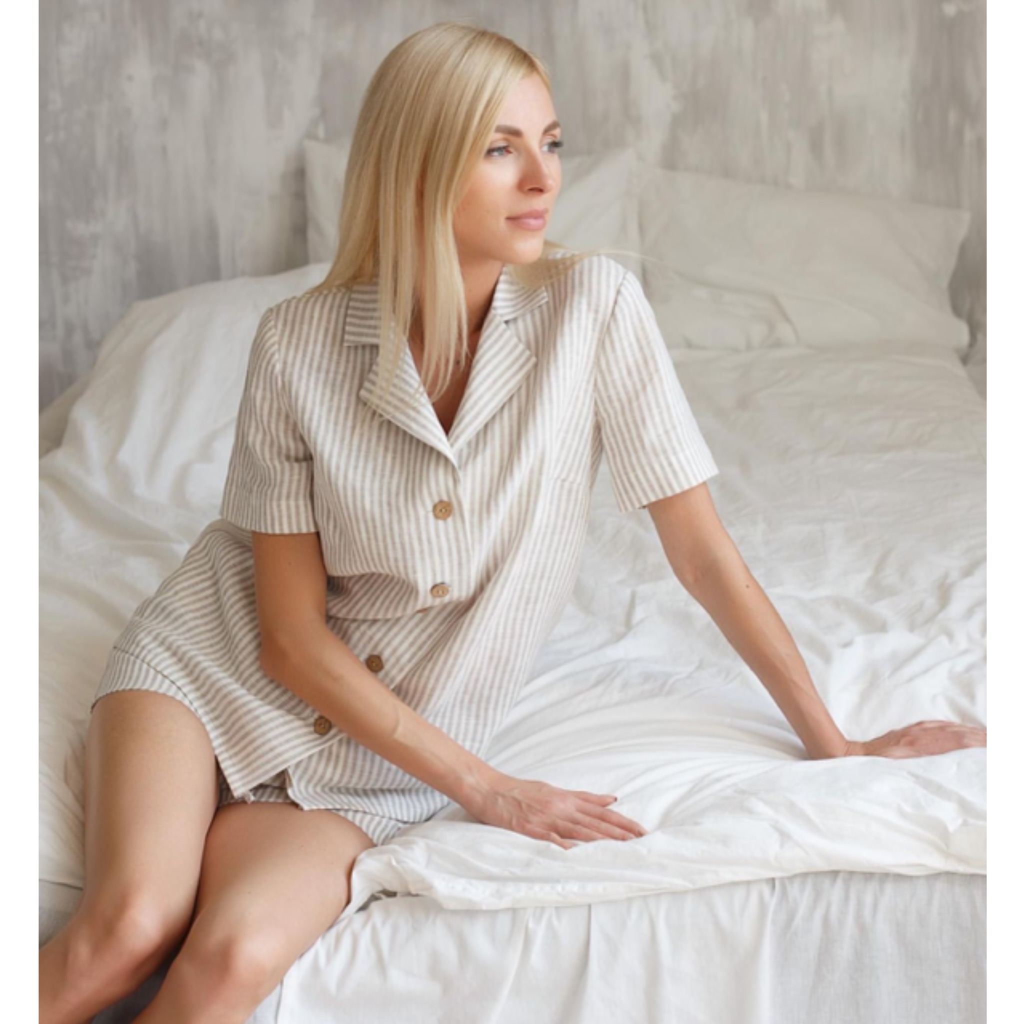 Luxury Skin-friendily White Navy pre-washed linen pajamas top shirt