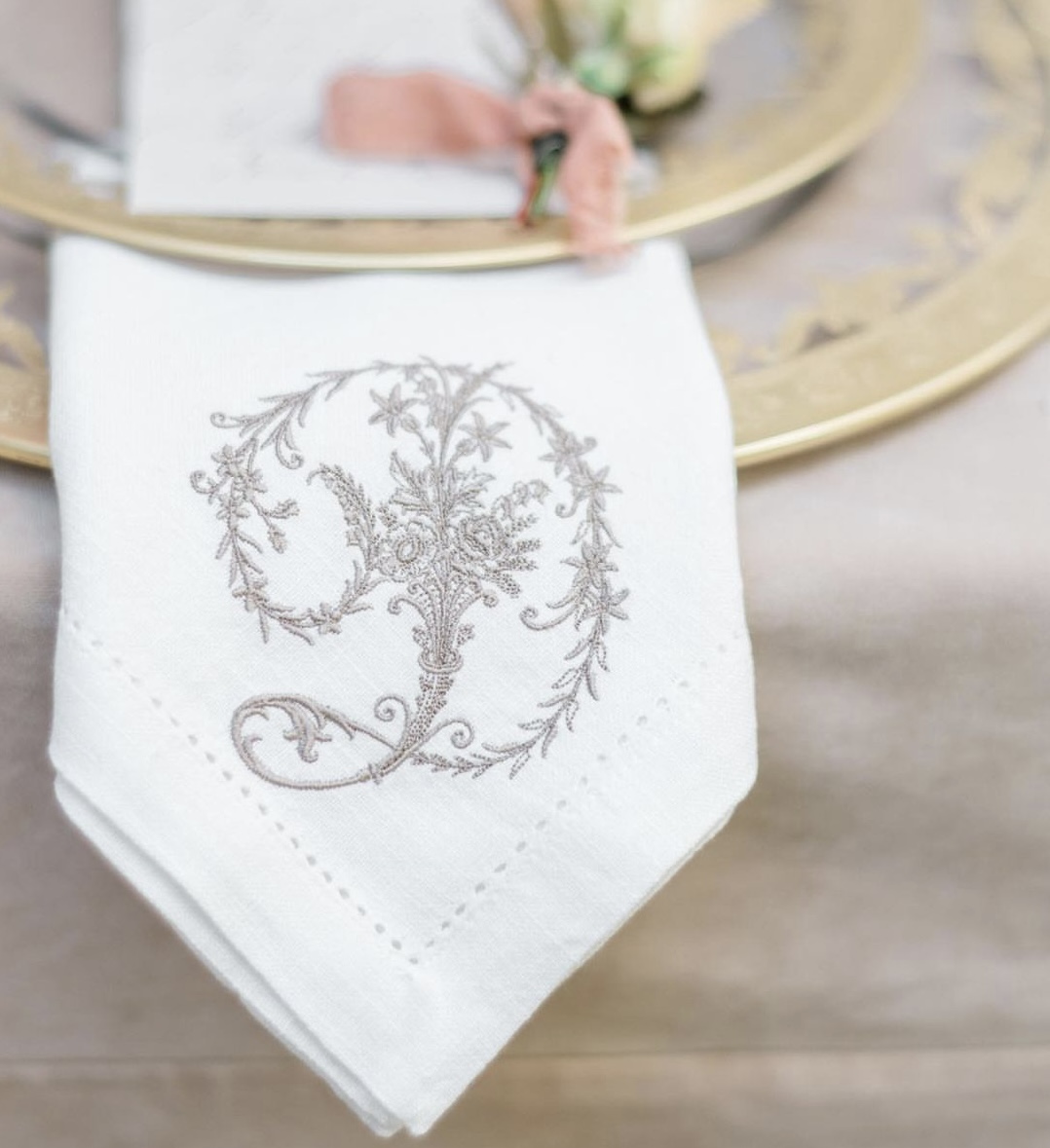 Custom Printed 100% Linen Cocktail Wedding Napkins Hand Embroidered Trim Logo